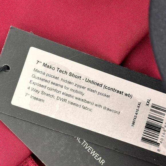 Rhone Mako 7" Unlined Tech Shorts Mens Size XXL Red Black Waistband - Picture 6 of 8